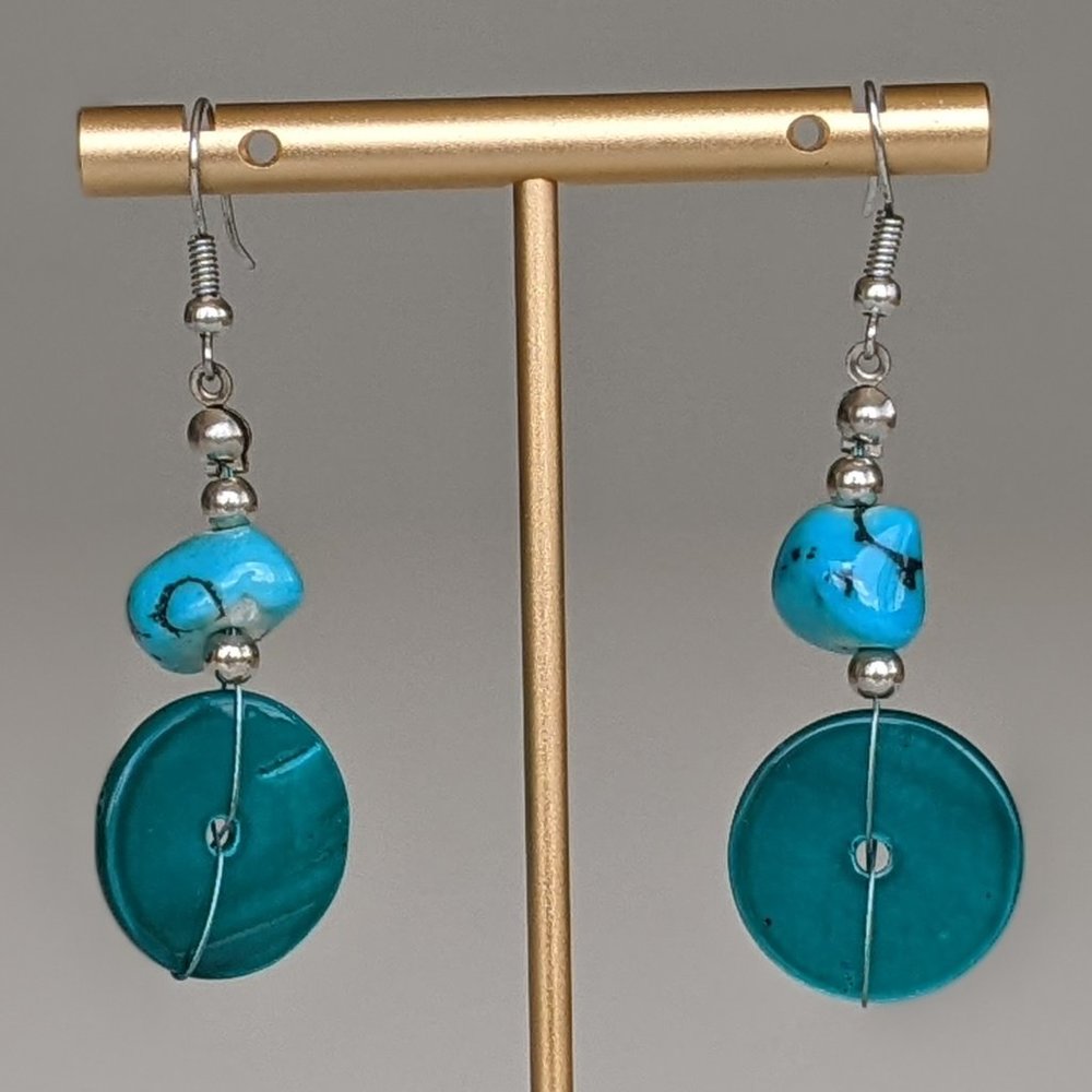 Turquoise & Teal Stone & Disc Drop Earrings